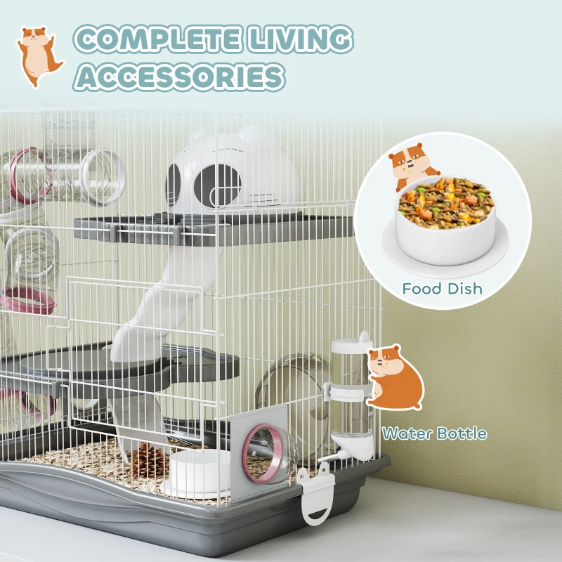 PawHut 3-Tier Hamster Cage with Exercise Wheels, Water Bottle, Food Dish, for Dwarf Hamsters, 45 x 30 x 45 cm, Grey