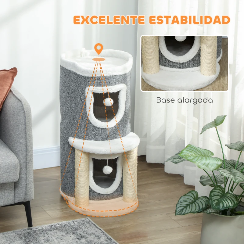 PawHut Árbol Rascador para Gatos Árbol para Gatos 76 cm con Cama 2 Cuevas Postes de Sisal Alfombra Bolas para Jugar Gris