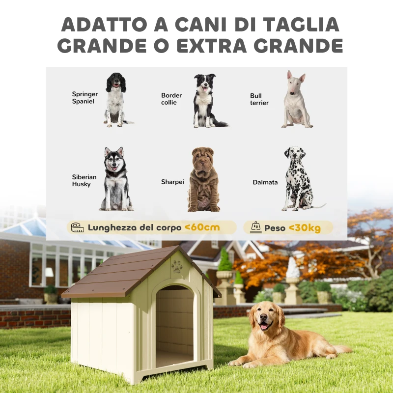 PawHut Cuccia per Cani Rialzata con Tetto Inclinato e Prese d'Aria, in PP, 88x78x89 cm, Beige e Marrone Scuro