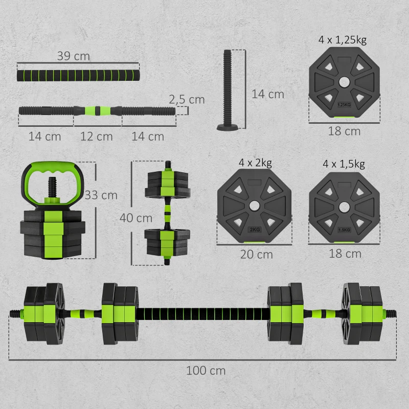 SPORTNOW Conjunto de Halteres Ajustáveis 4 em 1 20 kg Conjunto de Pesos Utilizado como Kettlebell Barra Halteres ou Suporte para Flexões Verde
