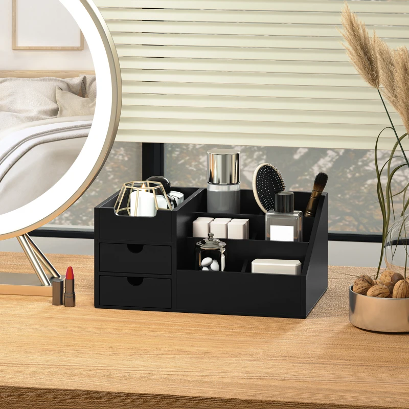 HOMCOM Boite de Rangement de Bureau - Organiseur de Bureau - 7 Compartiments, 2 tiroirs - Bambou Verni Noir