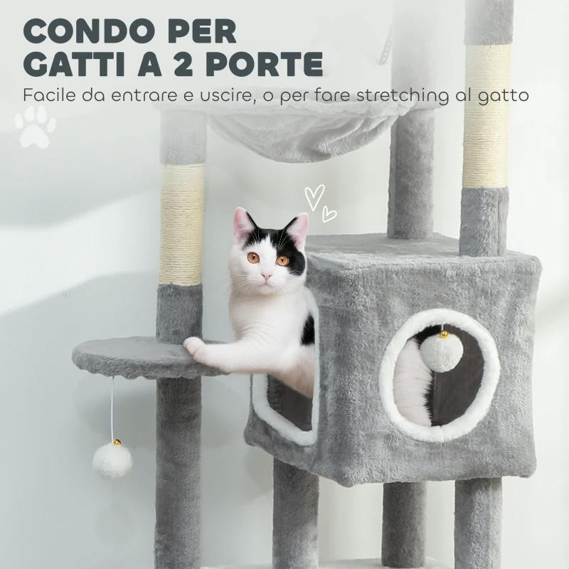 PawHut Albero Tiragraffi per Gatti con 2 Casette, Rampa, Trespoli e 4 Palline, 48x40x165 cm, Grigio e Bianco
