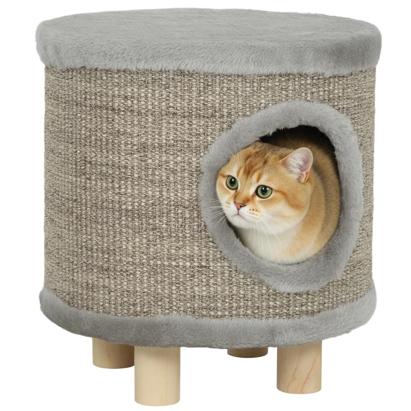 PawHut Casa para Gatos 3 en 1 Taburete Reposapiés Cama para Gatos con Rascador Patas de Madera Pluma 36x36x38 cm Gris