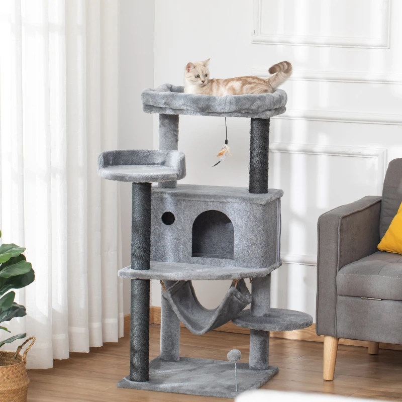 PawHut Albero Tiragraffi per Gatti con Palo, Casetta, Letto, Amaca e 2 Giochi in Legno e Peluche, 48x48x107 cm, Grigio
