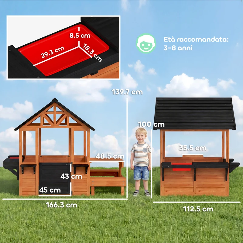 AIYAPLAY Casetta in legno per bambini con tavolo e accessori, Marrone chiaro
