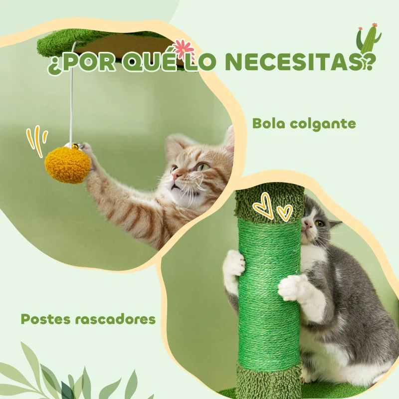 PawHut Árbol para Gatos de Suelo a Techo de 230-275 cm con Altura Ajustable Plataformas Cueva Hamaca Postes Bolas Verde