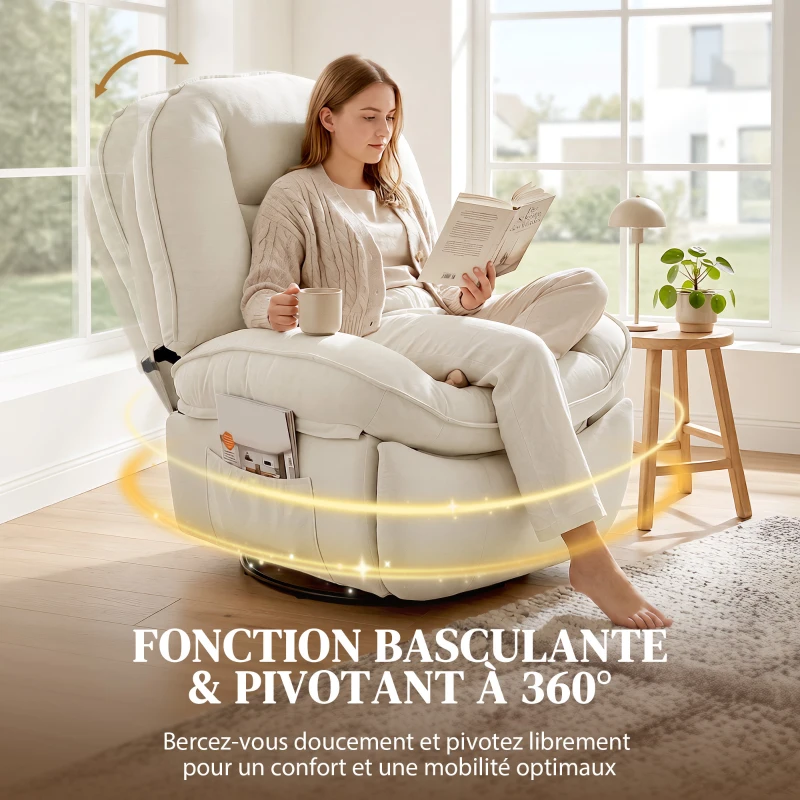 HOMCOM Fauteuil inclinable en chenille, fauteuil de relaxation pivotant à 360°, assise large, poches latérales, crème