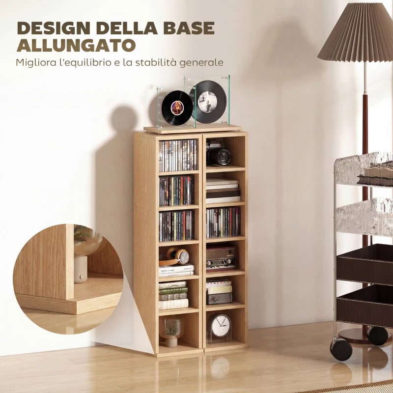HOMCOM Set 2 Mobili Porta CD a 6 Ripiani Regolabili per 204 CD in Legno, 21x22.5x88.5 cm, Color Legno