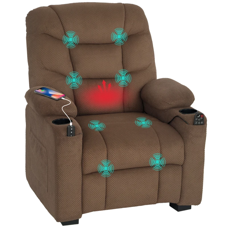 HOMCOM Electric Massage Recliner Armchair with Vibration, Heat, Whisper-Quiet Motor, Memory Function, Fleece Power Reclining Chair with Spring Pack, USB Port, Footrest, Side Pocket, Cup Holders, Brown
