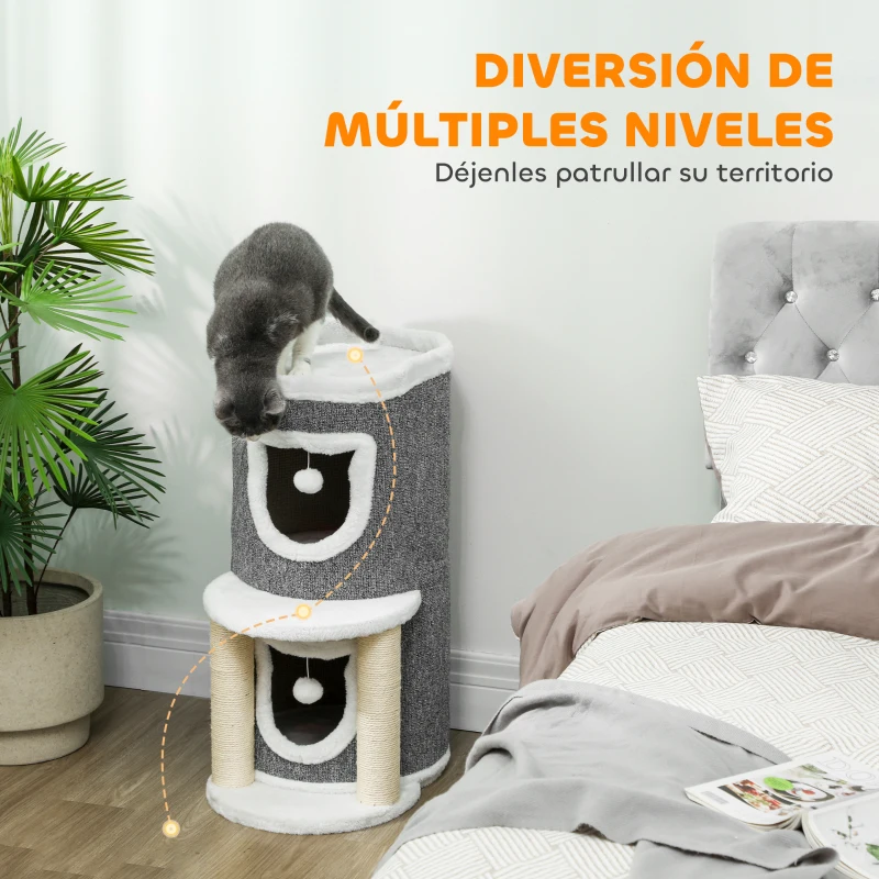 PawHut Árbol Rascador para Gatos Árbol para Gatos 76 cm con Cama 2 Cuevas Postes de Sisal Alfombra Bolas para Jugar Gris