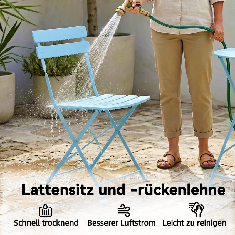 Outsunny 3-teiliges Garten Bistro Set Klappbar Bistrotisch mit 2 Stühlen Lamellen-Sitz Doppelt X-Beine Hellblau