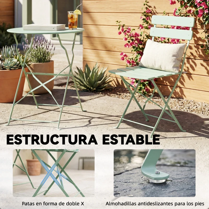 Outsunny Conjunto de Jardín Plegable con 2 Sillas Plegables Mesa Redonda Estructura Metálica Electrofórica para Balcón Verde