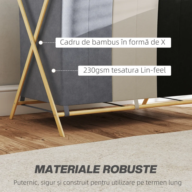 HOMCOM Coș de Rufe Pliabil cu 3 Compartimente, din Bambus și Material cu Efect de In, 75x48x67 cm, Multicolor