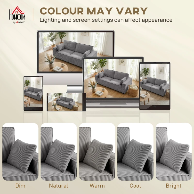 HOMCOM 218 cm 3-osobowa sofa, nowoczesna sofa w stylu sztruksowym z sprężynami kieszeniowymi, szerokimi podłokietnikami i 2 poduszkami, jasnoszara