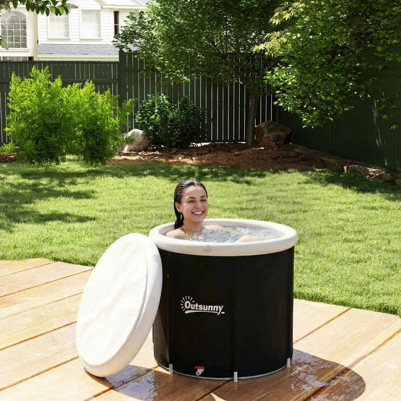 Outsunny Baignoire à Glace Pliable Gonflable 280 L avec Couvercle et Pompe pour Entraînement à l'Eau Froide, 78x78x71 cm, Noir