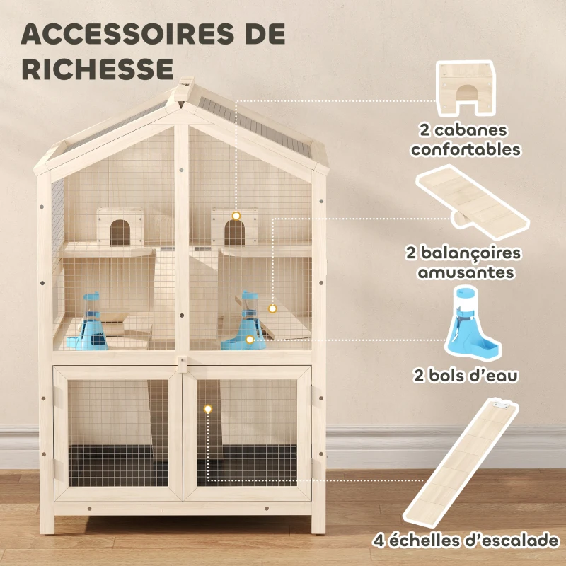 PawHut Cage Hamster 3 Étages en Bois avec Bac Amovible, Couvercle Ouvrant, Bascule, Cabane, Fenêtre, 68x61,5x90cm, Naturel