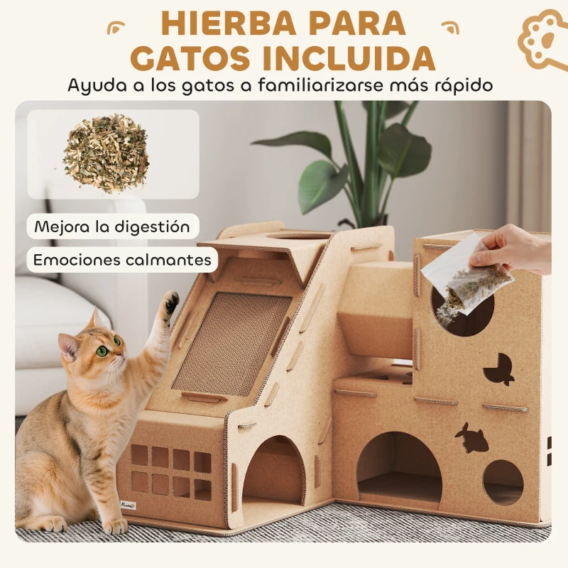 PawHut Casa para Gatos de Cartón Forma Castillo 2 Niveles con 3 Zonas de Rascado Túnel Rampa Incluye Hierba Marrón