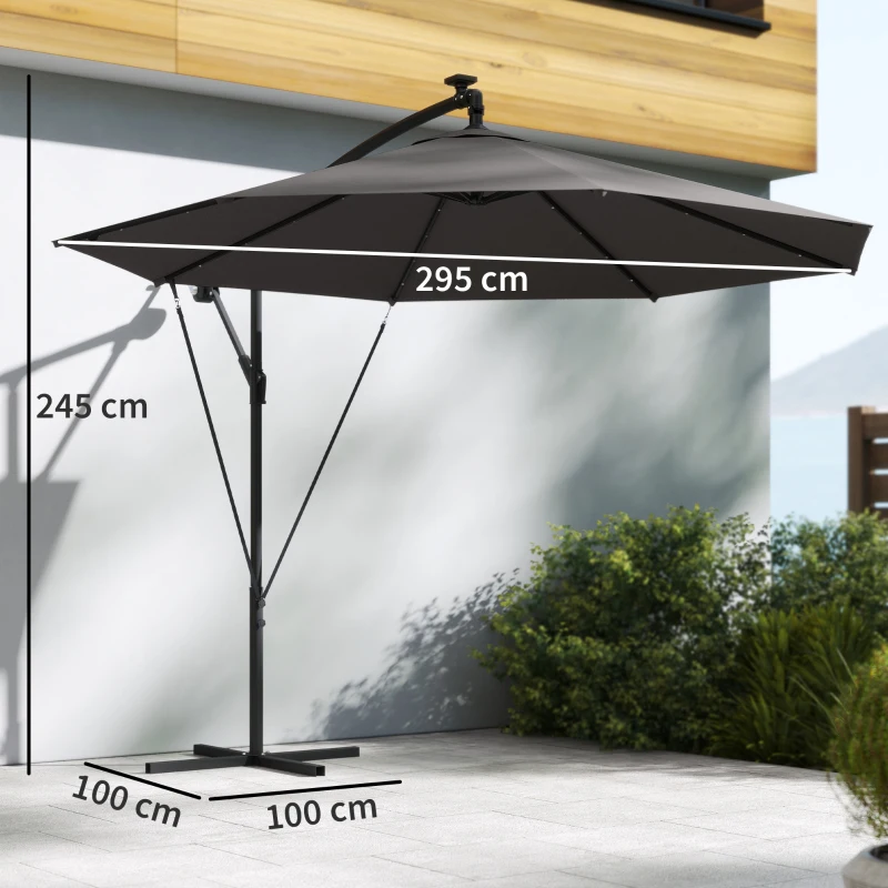 Outsunny 3 m Cantilever Parasol with Solar LED Lights Garden Umbrella with Cross Base, Black