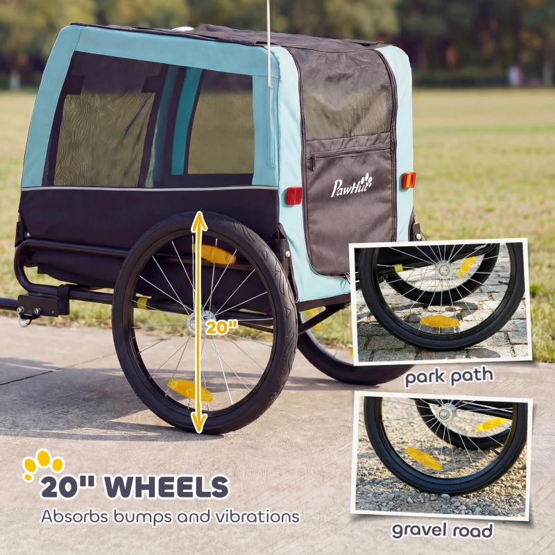 PawHut Składana przyczepka rowerowa z odblaskami, smyczą, dla średnich psów do 20 kg, 143 x 70 x 90 cm, jasnoniebieska