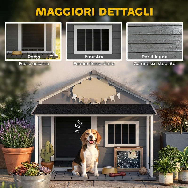 PawHut Cuccia per Cani da Esterno con Terrazza, Finestra e Tetto Impermeabile, 124x112x105cm, Grigio