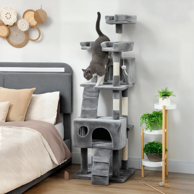 PawHut Arranhador para Gatos Arranhador de Gatos 153 cm com 2 Cavernas 3 Camas 2 Rampas Postes de Sisal e 2 Ratos Pendentes Cinzento