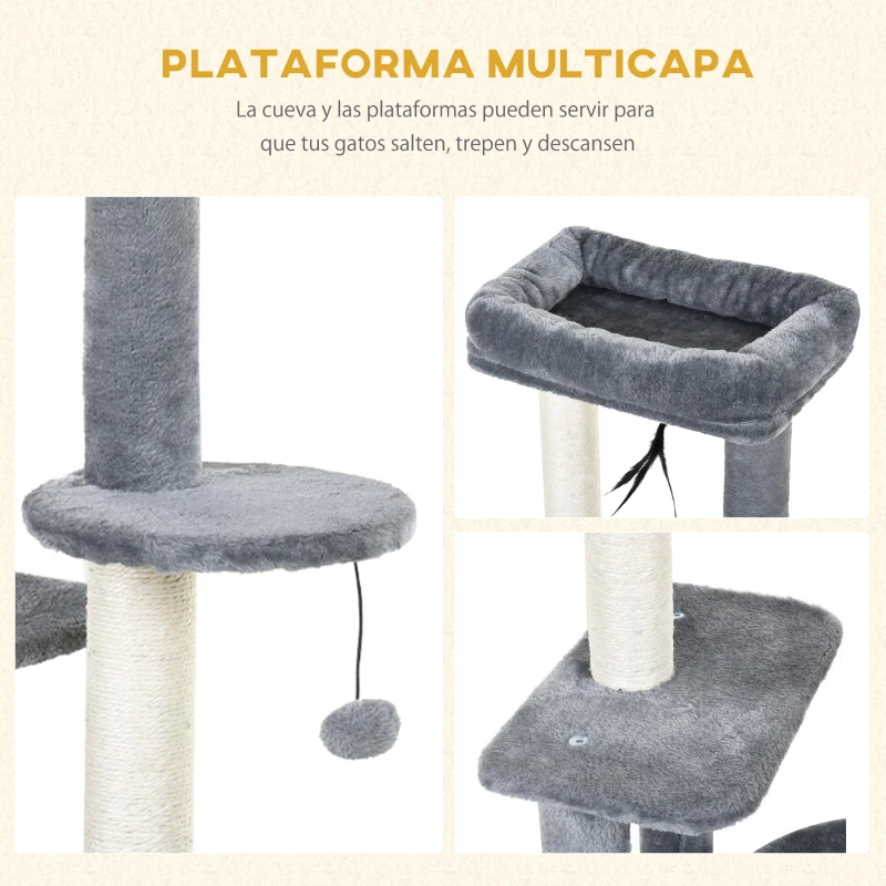 PawHut Rascador para Gatos con Postes de Sisal y Felpa Suave con Cama Cueva Plataformas Bola y Pluma 48x35x100 cm Gris y Beige