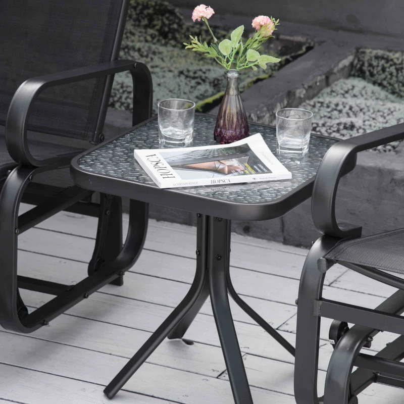 Outsunny 3 Pieces Garden Gliding Chair Set, Metal Frame 2 Single Armchair Swing Seater and 1 Glass Top Coffee Table w/ Breath Mesh Fabric Seat, Black