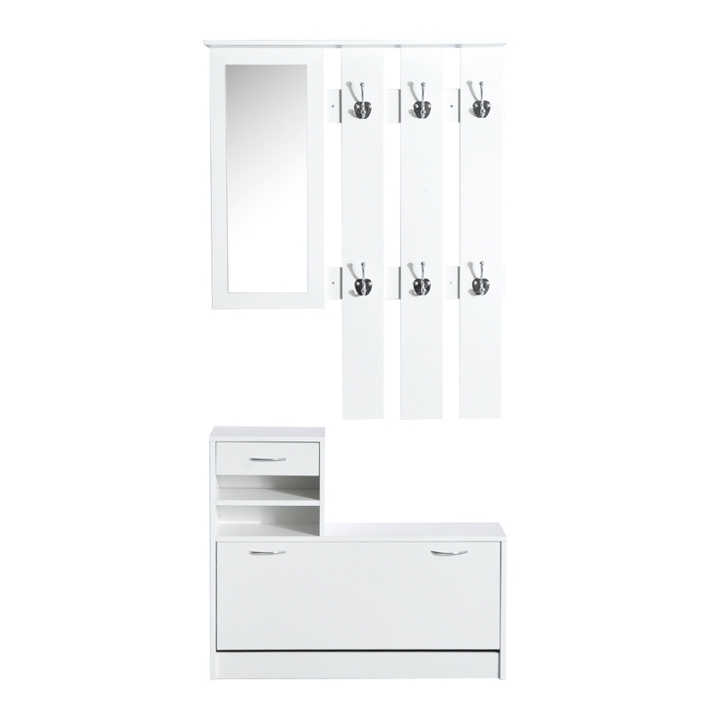 HOMCOM Mobila de Hol Moderna Garderoba Set Cuier, Oglinda si Dulap Pantofi 3 in 1, in Lemn Alb