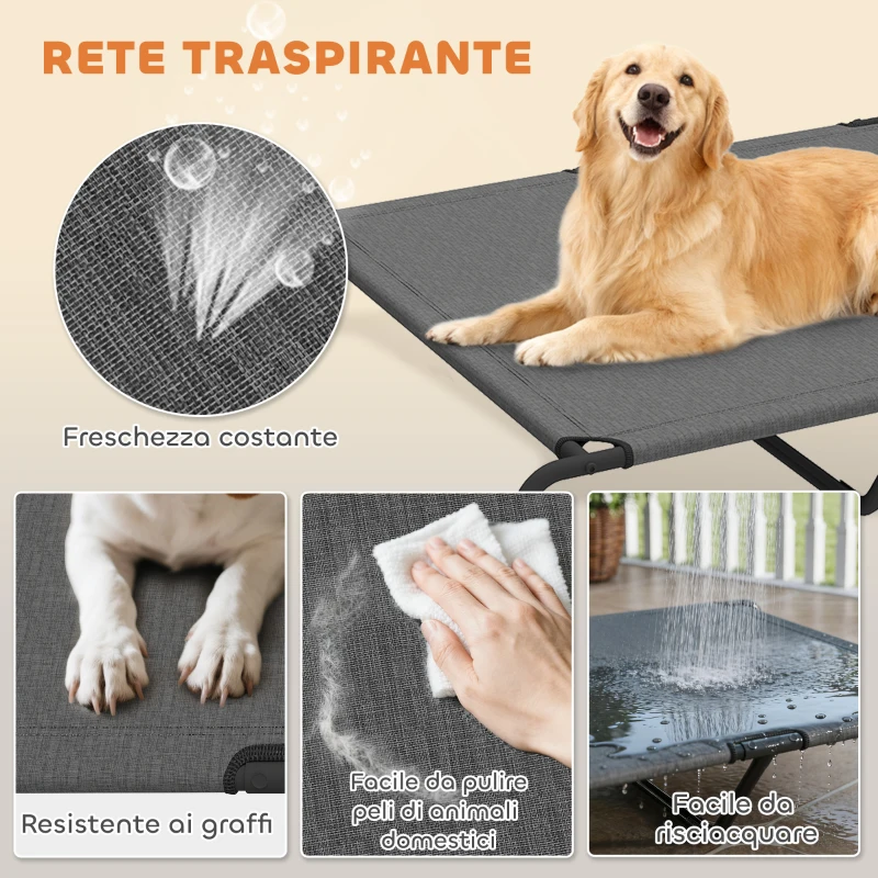 PawHut Lettino per Cani Grandi Rialzato da Esterno in Acciaio e Rete Traspirante, 152x94x23 cm, Grigio