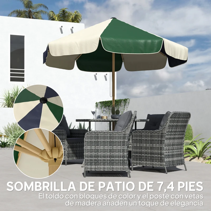Outsunny Sombrilla Terraza Exterior Ø2,3 m con Marco de Efecto Madera Polea con Cuerda Dosel Bicolor UPF30+ Verde Oscuro