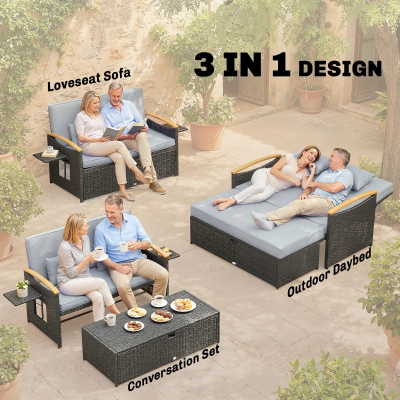 Outsunny Double Garden Rattan Daybed, Wicker Sun Bed Chaise Lounger with Storage Ottoman, 4-Level Adjustable Backrest, Dark Grey