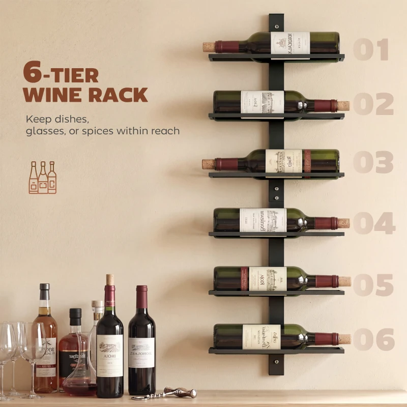HOMCOM Wall Mounted Wine Rack, 6 Tier Metal Wine Display Rack, Storage Holder for Kitchen, Black
