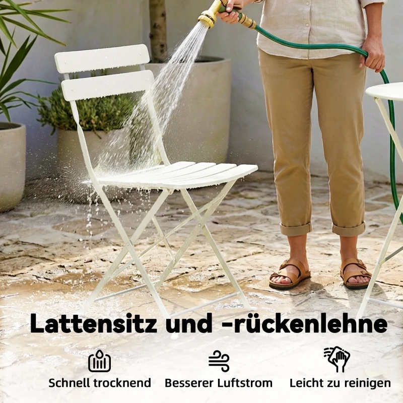 Outsunny 3-teiliges Garten Bistro Set Klappbar Bistrotisch mit 2 Stühlen Lamellen-Sitz Doppelt X-Beine Cremeweiß