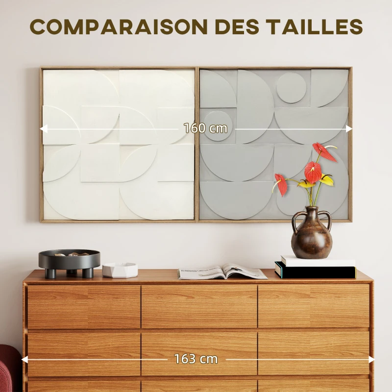 HOMCOM Lot de 2 tableaux abstraits 3D, décoration murale en bois géométrique, pour salon, chambre, bureau, 80 x 80 cm, blanc