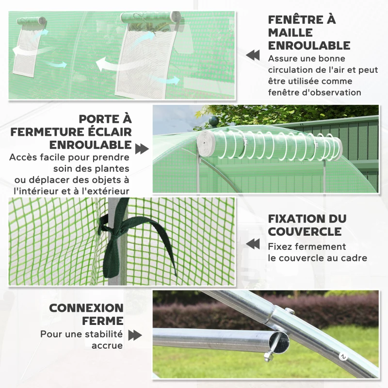 Outsunny Serre de Jardin Tunnel 18 m² dim. 6L x 3l x 2H m - 8 fenêtres, Porte zippée Enroulable - châssis Tubulaire Acier galvanisé, bâche PE Haute densité Vert