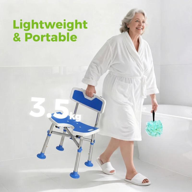 HOMCOM Shower Chair with U-Shaped Cutout, Height Adjustable Bath Bench, Padded Shower Stool for Elderly, Senior, Disabled, Blue
