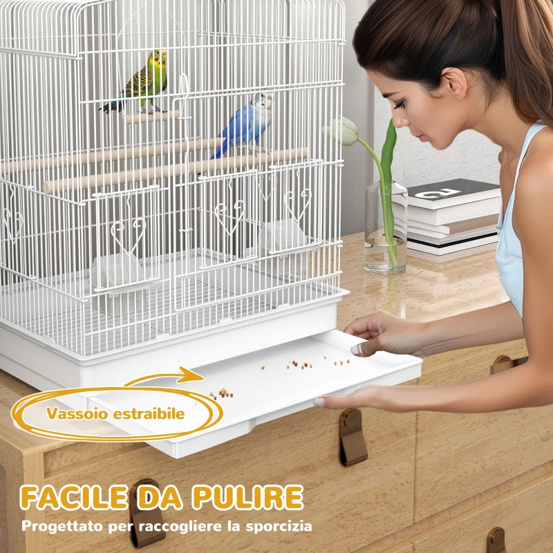 PawHut Gabbia per Uccellini Portatile con Maniglia, Vassoio Estraibile e 5 Porte, Posatoi e Altalena, Bianco