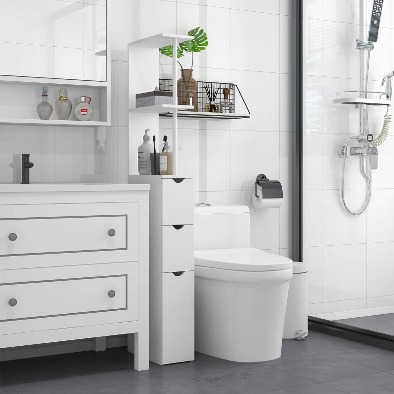 HOMCOM Colonna Bagno con Armadietto, Ripiani e Cassetti, in Legno, 15x33x136.8 cm, Bianco