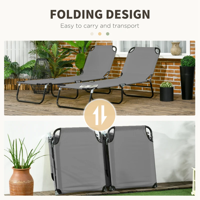 Outsunny Folding Sun Loungers Set of 2, Outdoor Day Bed with 5-Position Adjustable Backrest, Portable Recliner Garden Chairs with Breathable Mesh for Beach, Patio, Dark Grey