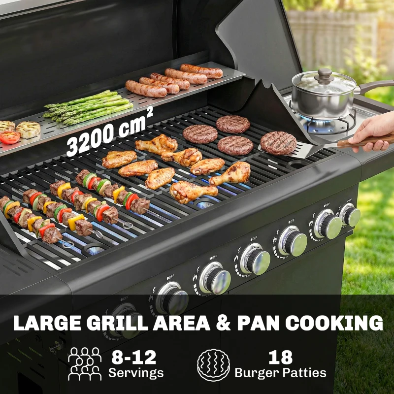 Outsunny 6+1 Burner Gas BBQ Grill, Outdoor Barbecue Trolley with Wheels, Warming Rack, Thermometer, Bottle Opener, Black