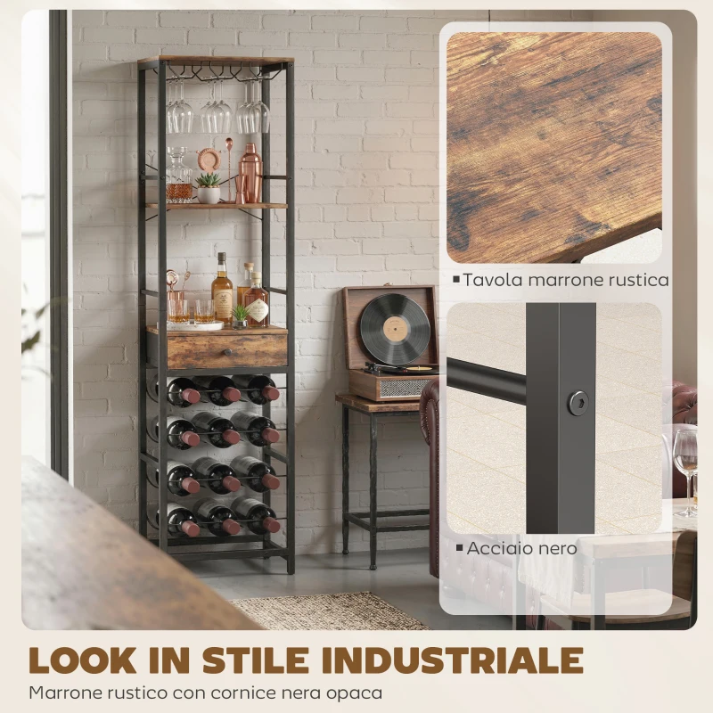 HOMCOM Mobile Bar, Mobile da Bar con Cassetto, Portabicchieri, Marrone Rustico