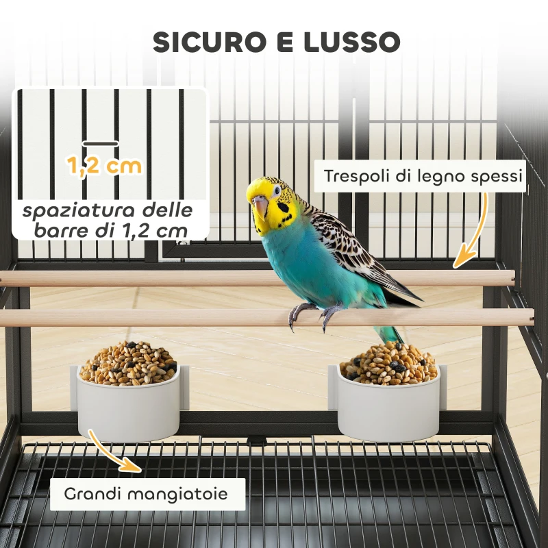 PawHut Gabbia per Uccelli con Ripiano Inferiore, Vassoio e Griglia Rimovibili, in Acciaio e PP, 48x46x83 cm, Nero