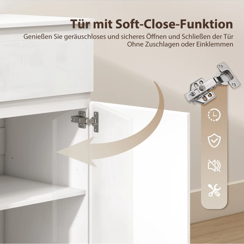HOMCOM Modernes Sideboard, Stauraum-Sideboard mit 5 Schubladen, verstellbarem Regal, Soft-Close-Tür, Weiß Hochglanz