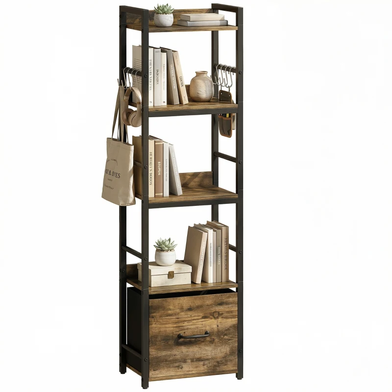 HOMCOM 4-Tier Bookshelf, Narrow Bookcase with Drawer, 8 Hooks, Metal Frame, Rustic Brown