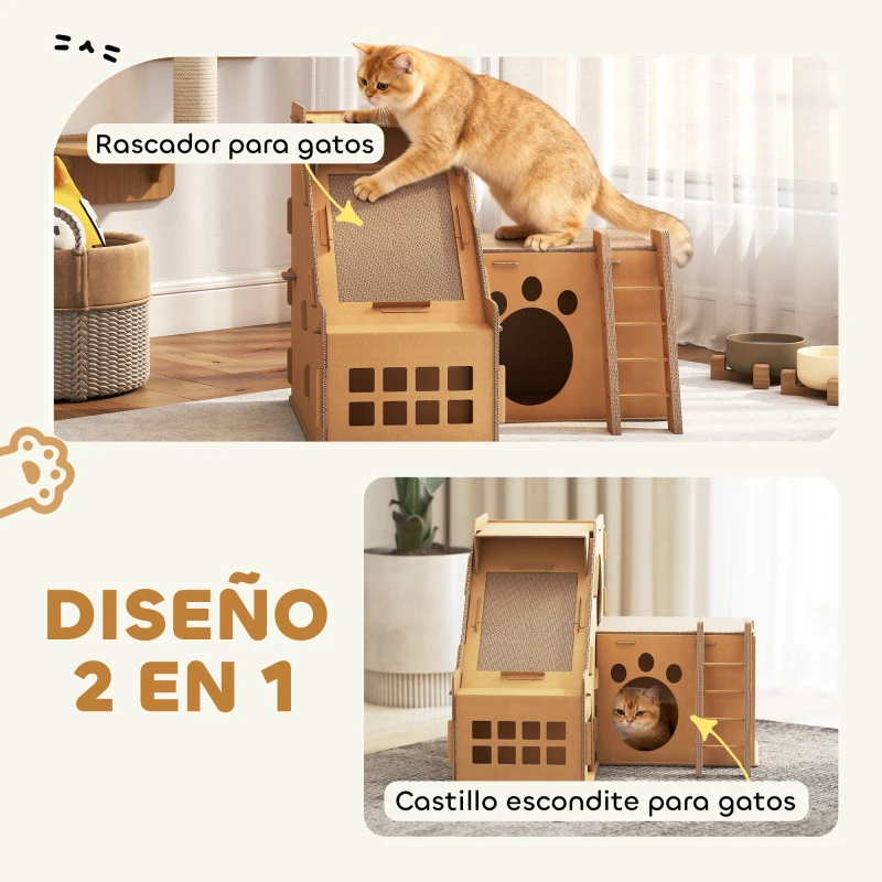 PawHut Rascador Cartón para Gatos Forma Castillo 2 en 1 Rascador para Gatos con 2 Zonas de Rascado Catnip 67x66x57 cm Marrón