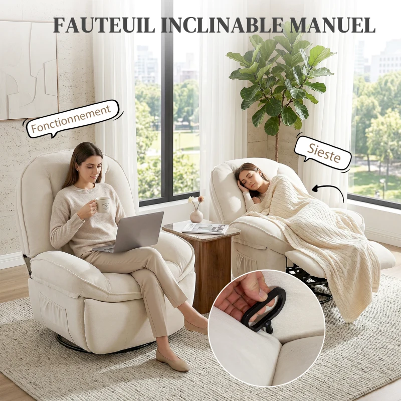 HOMCOM Fauteuil inclinable en chenille, fauteuil de relaxation pivotant à 360°, assise large, poches latérales, crème