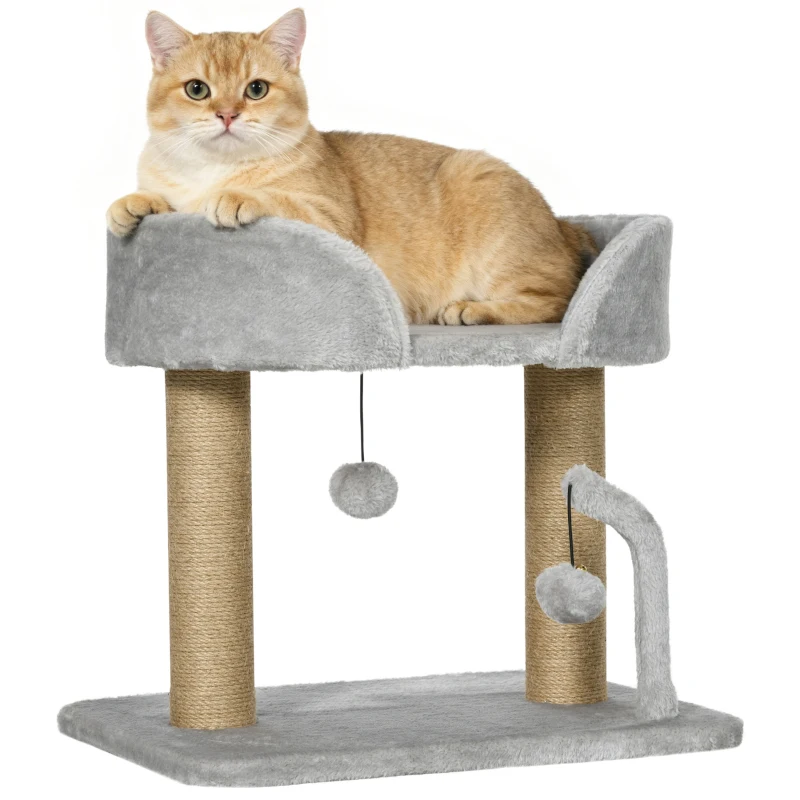 PawHut Árbol Rascador para Gatos Pequeños Altura 42 cm con Nido Bolas Colgantes y Postes de Sisal 48x38x42 cm Gris Claro