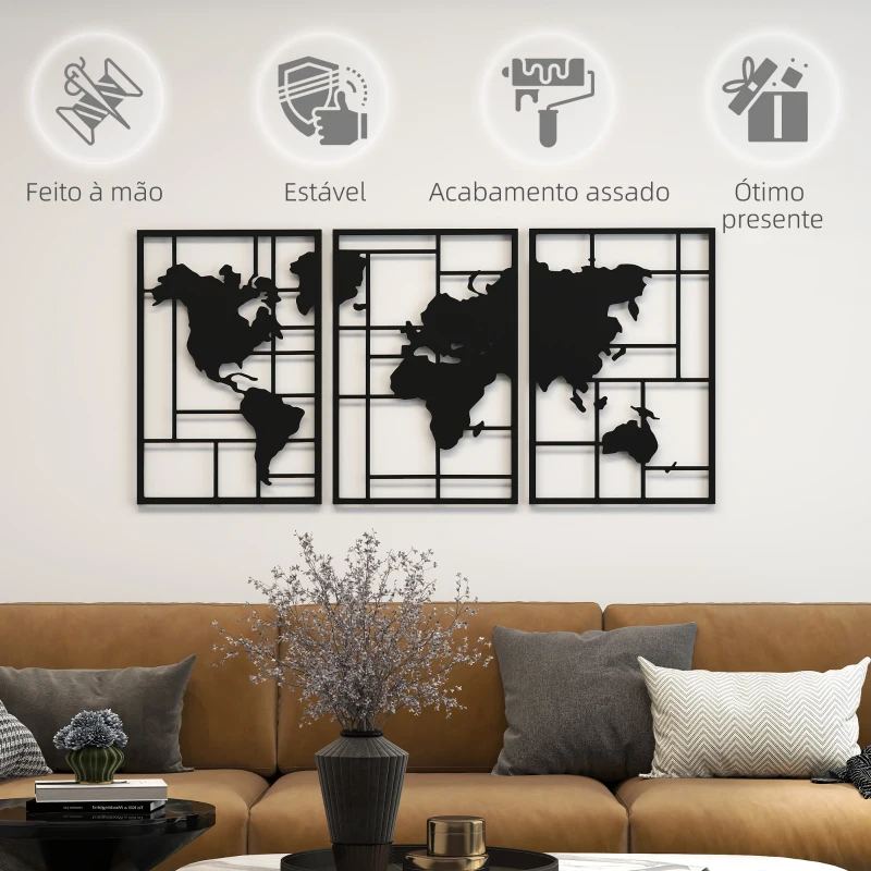 HOMCOM Decoração de Parede em Metal com Mapa Múndi Conjunto de 3 Peças Quadros de Parede Metálicos Preto
