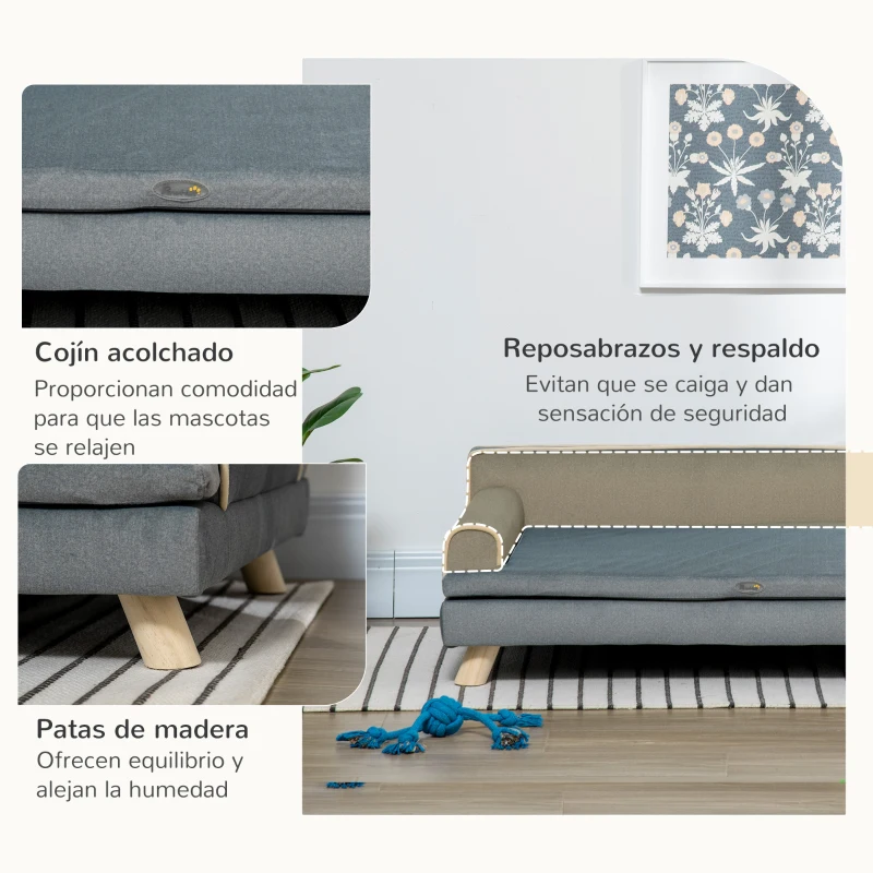 PawHut Sofá para Perros Grandes y Medianos Tapizada en Chenilla con Cojín Lavable y Patas de Madera de Pino Gris Oscuro