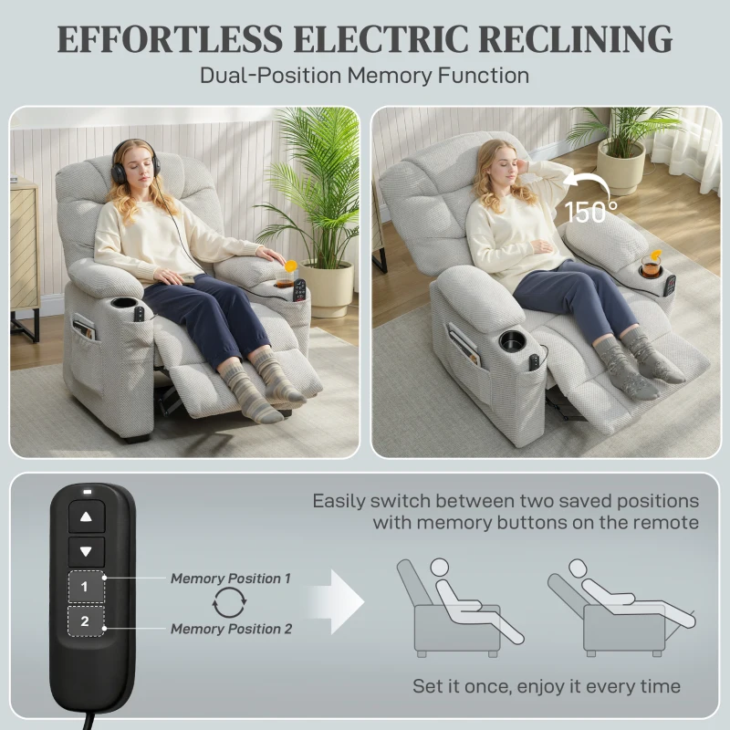 HOMCOM Electric Massage Recliner Armchair with Vibration, Heat, Whisper-Quiet Motor, Memory Function, Fleece Power Reclining Chair with Spring Pack, USB Port, Footrest, Side Pocket, Cup Holders, Grey